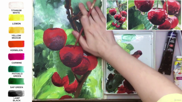 Acrylic lesson - Water Drops on Cherry - Fruit painting - Screenshot_03